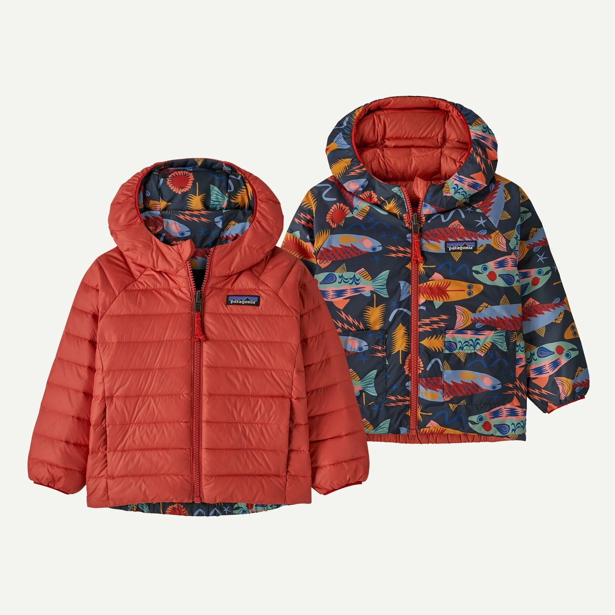Patagonia Kids' Reversible Down Sweater™ Hoody-  Salmon Energy: Ink Black