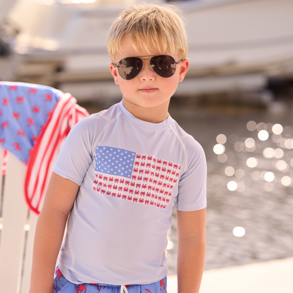 Sugar Bee Clothing -  Boys Swim Short Sleeve Rashguard - Coastal Crab