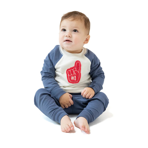 Angel Dear Varsity - Vintage Indigo  Raglan Sweatshirt with Red #1 Patch