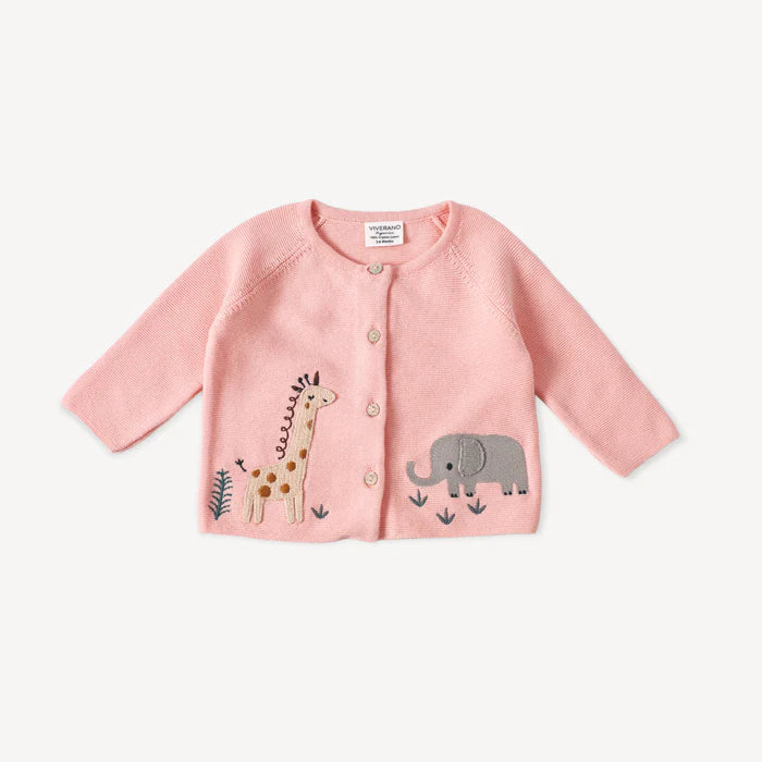 Viverano Animal Safari Embroidered Baby Cardigan Sweater- Blush