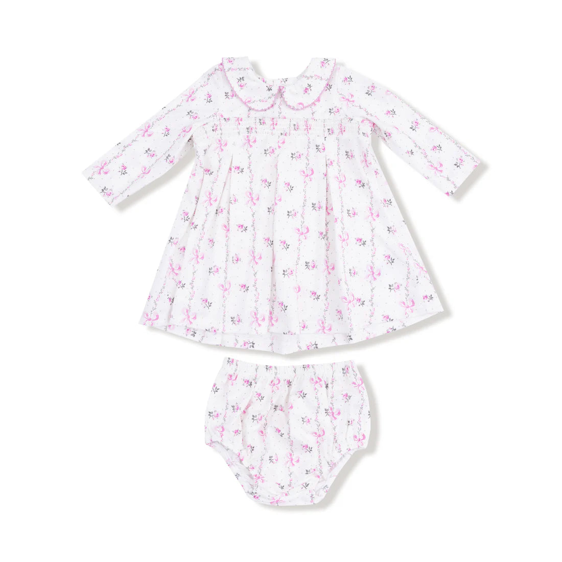Angel Dear Long Sleeve Peter Pan Collar Dress with Smocking and Bloomer II Dainty Buds and Bows Stripe