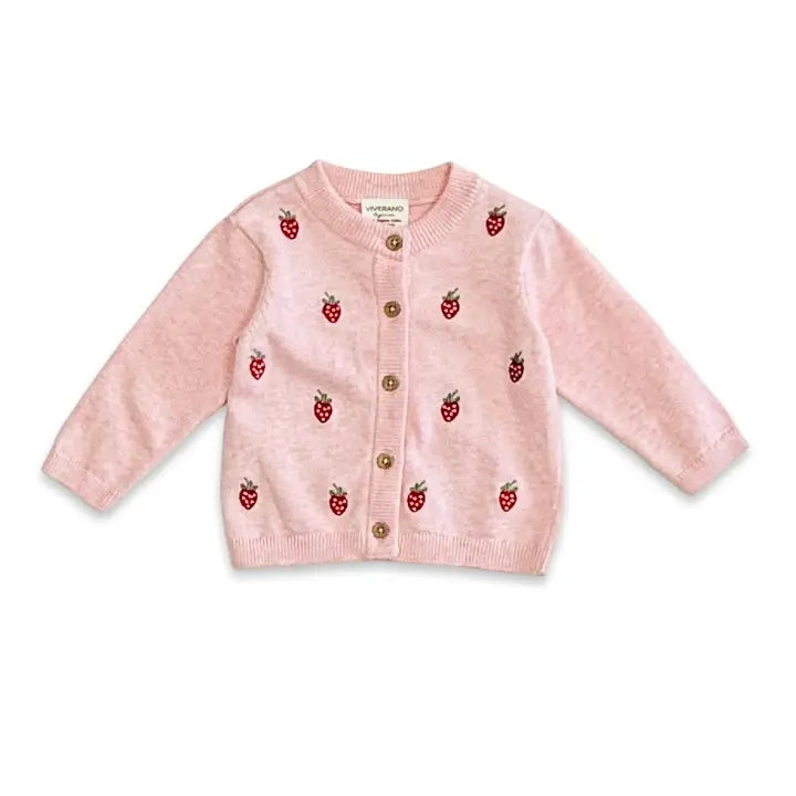 Viverano Organics Strawberry Embroidered Knit Baby Cardigan