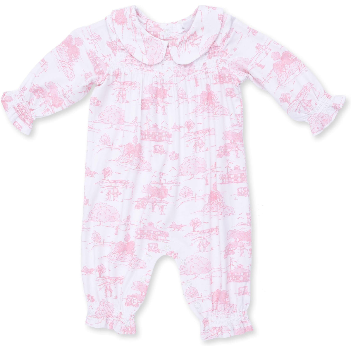 Angel Dear Golf Toile Pink Smocked Long Sleeve Romper