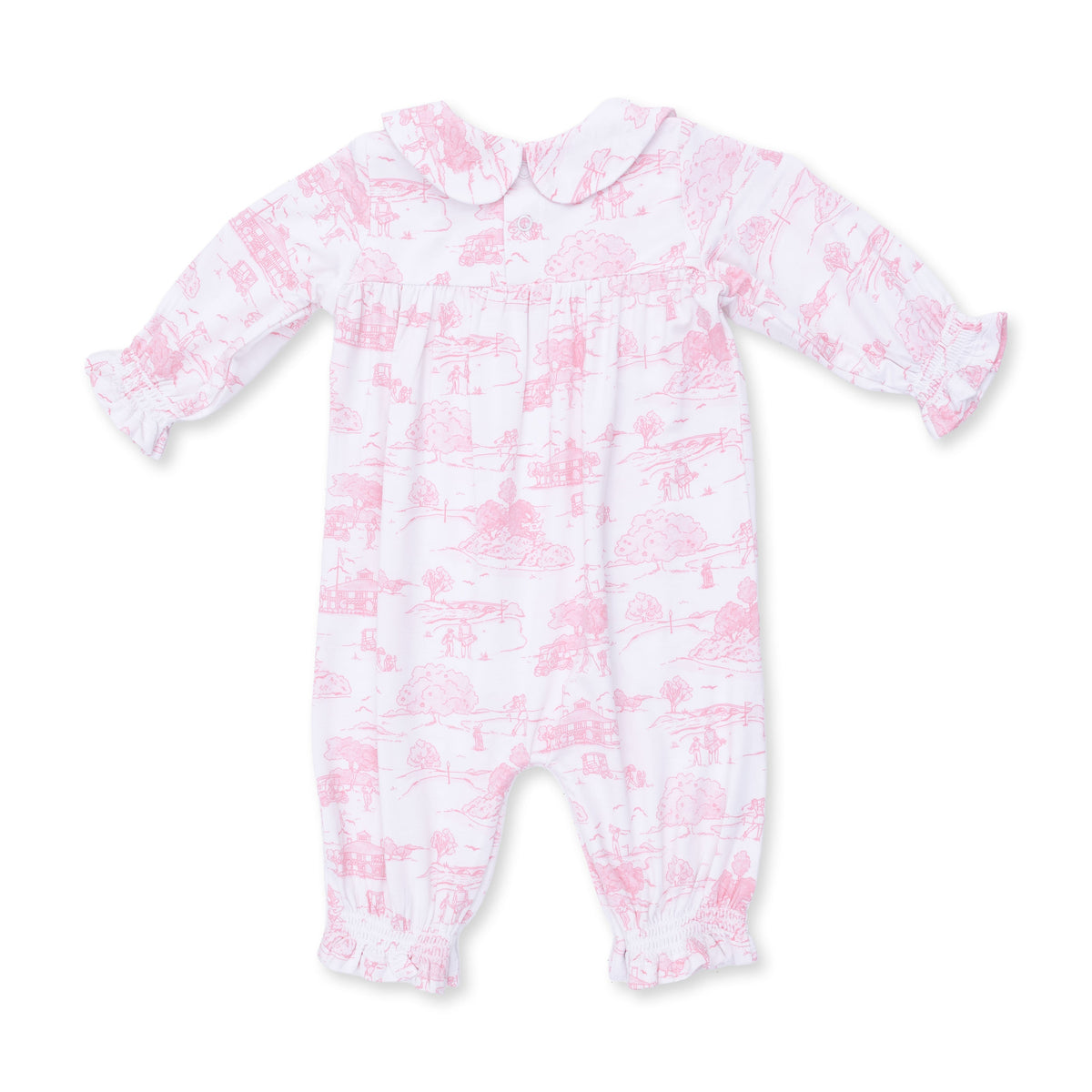 Angel Dear Golf Toile Pink Smocked Long Sleeve Romper