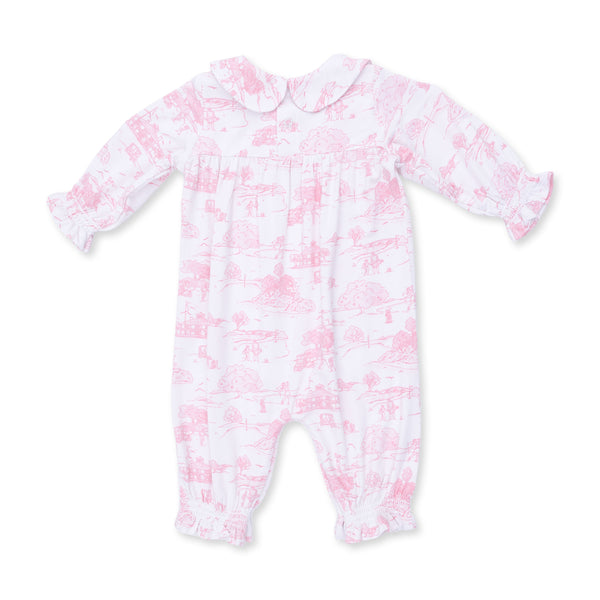Angel Dear Golf Toile Pink Smocked Long Sleeve Romper