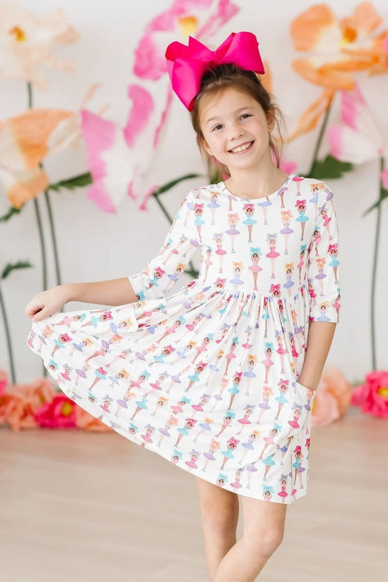 Mila & Rose Ballerina Bows 3/4 Sleeve Pocket Twirl Dress