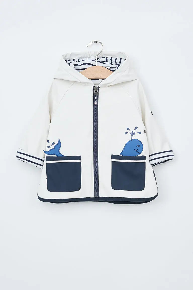 Batela Baby’s Rain Jacket with Whale Pockets and Stripe Cotton Lining