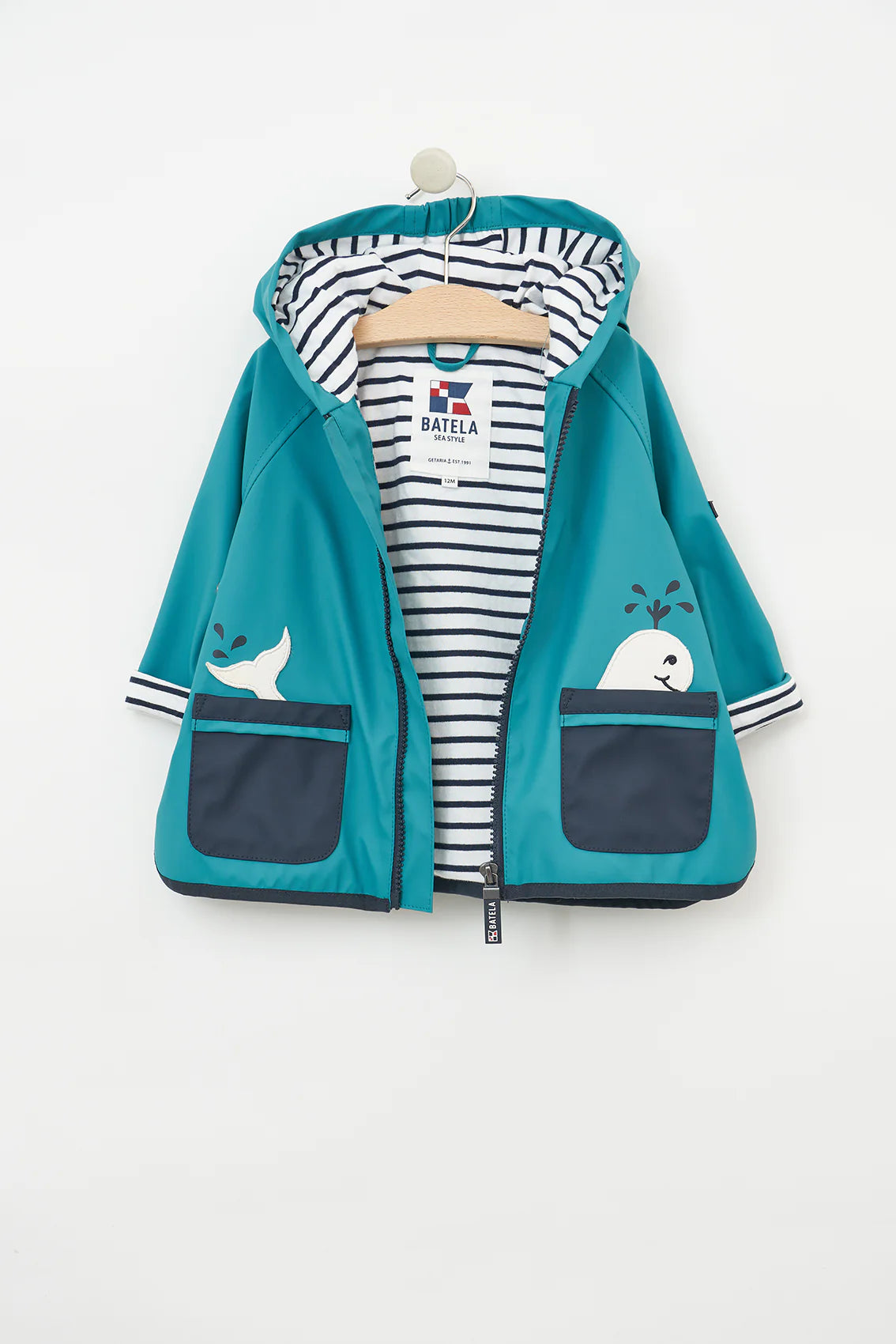 Batela Baby’s Rain Jacket with Whale Pockets and Stripe Cotton Lining
