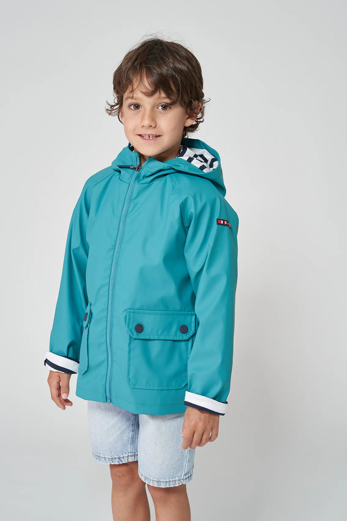 Batela Kids Nautical Rain Jacket with Stripe Cotton Lining Teal