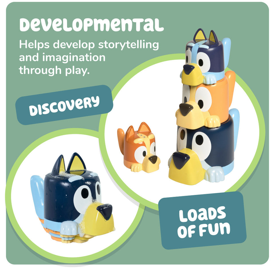 TOMY Toomies Bluey's Family Pourers featuring Chilli, Bandit, Bingo, and Bluey