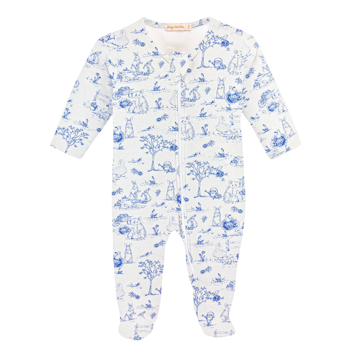 Baby Club Chic Blue Toile Bunnies Printed Zipped Footie