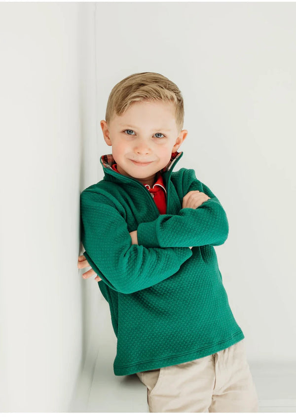 Maddie and Co. Green Quilted Pullover with tartan plain lined collar