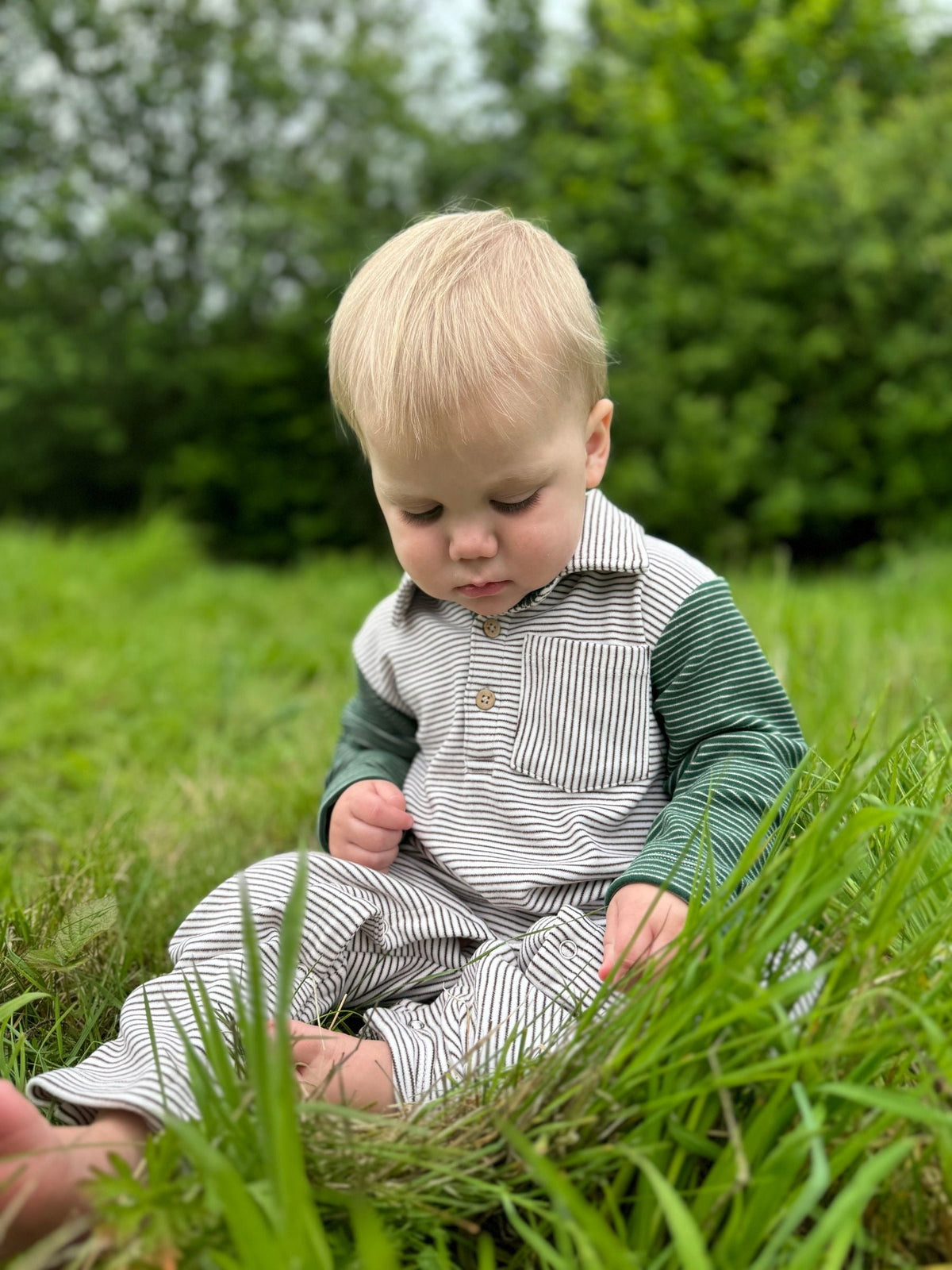 Me & Henry Arlington Cosy Polo Romper | Cream/Green Arms