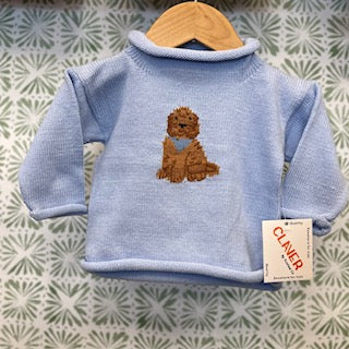Claver Blue Sweater with Tan Dog