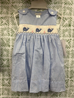 Petit Ami Hand Embroidered Blue and White gingham Smocked Dress with Whales