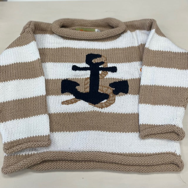 Claver Roll Neck Sweater Beige and White Stripe with Navy Anchor and rope