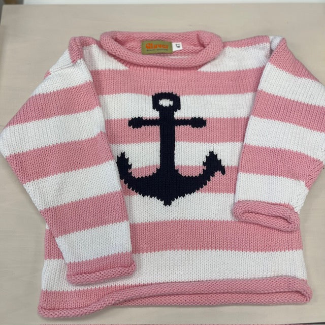 Claver White and Pink Striped Roll Neck Sweater with Navy Anchor