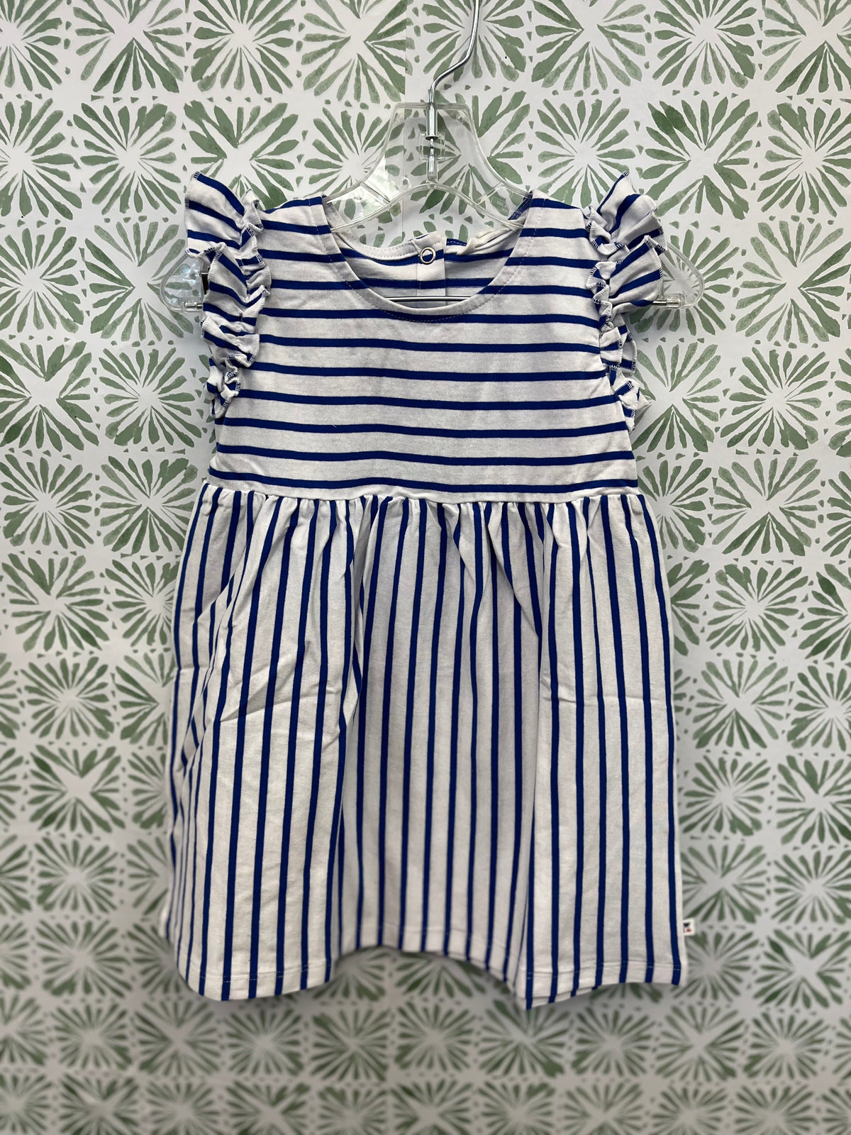 Batela Blue and White Nautical Striped Short Sleeve Dress with Ruffle Cap Sleeve
