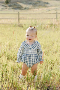 Mebie Baby Blue Plaid Ruffle Collar Bubble Romper