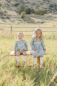 Mebie Baby Blue Plaid Ruffle Collar Bubble Romper