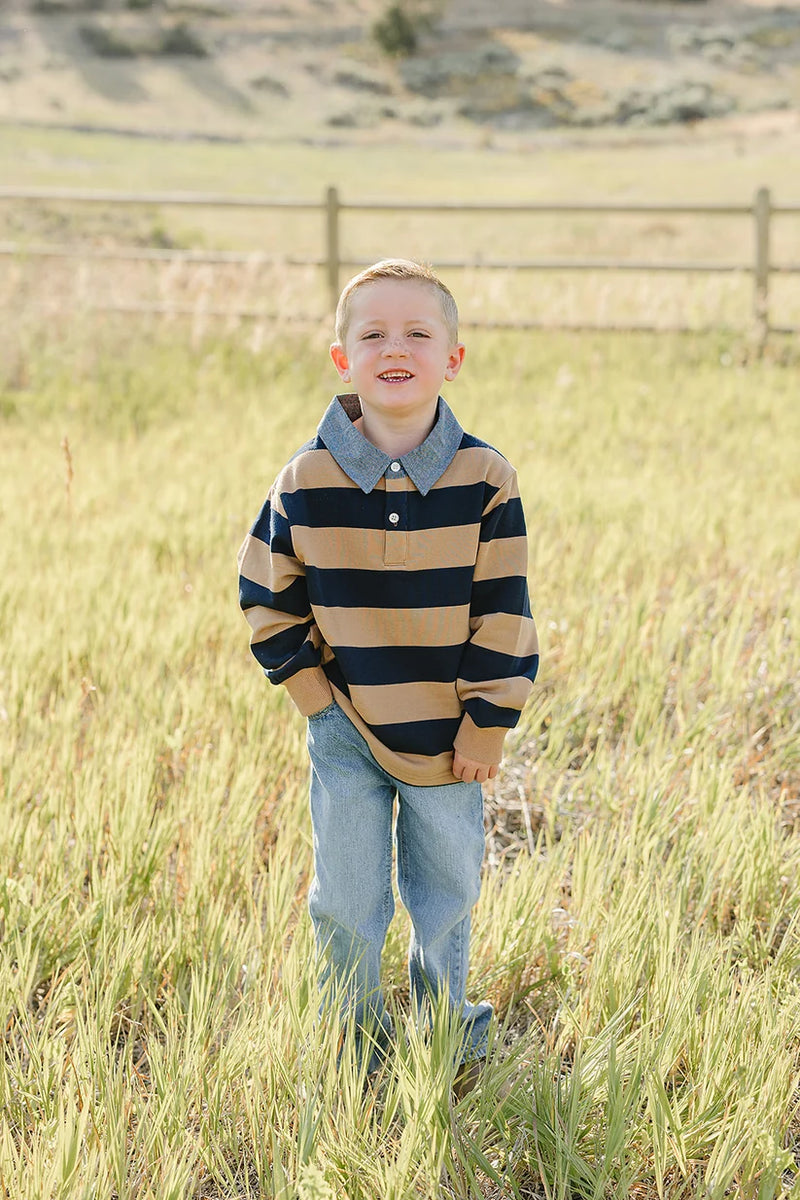 Mebie Baby Camel & Navy Striped Collar Shirt