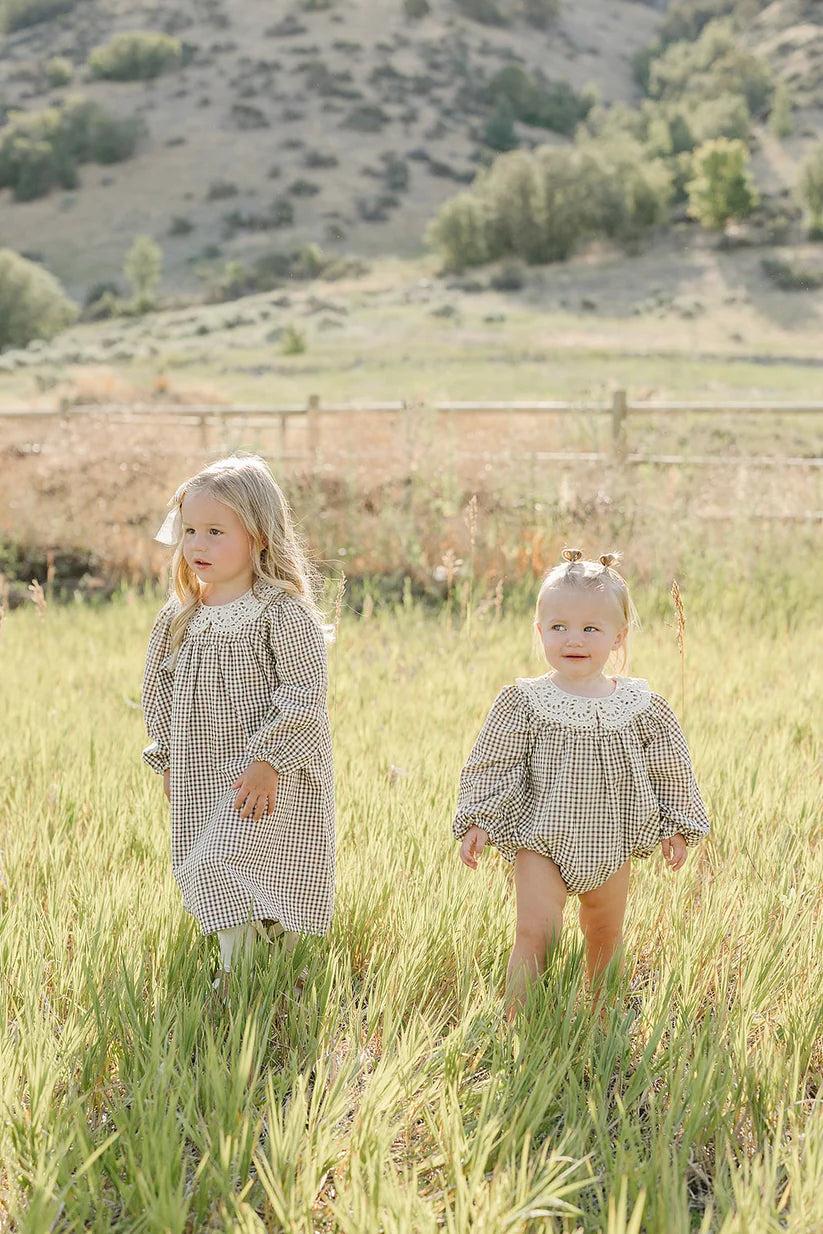 Mebie Baby Camel Gingham Lace Bubble Romper