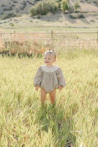 Mebie Baby Camel Gingham Lace Bubble Romper
