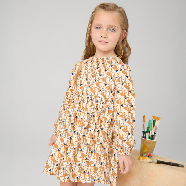 Mayoral Girl's Flowy Puppy Print Dress Caramel and Navy