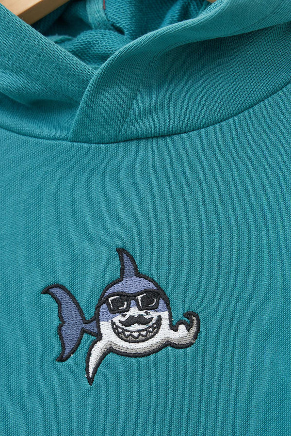 Batela Embroidered Shark Hooded Sweatshirt Teal