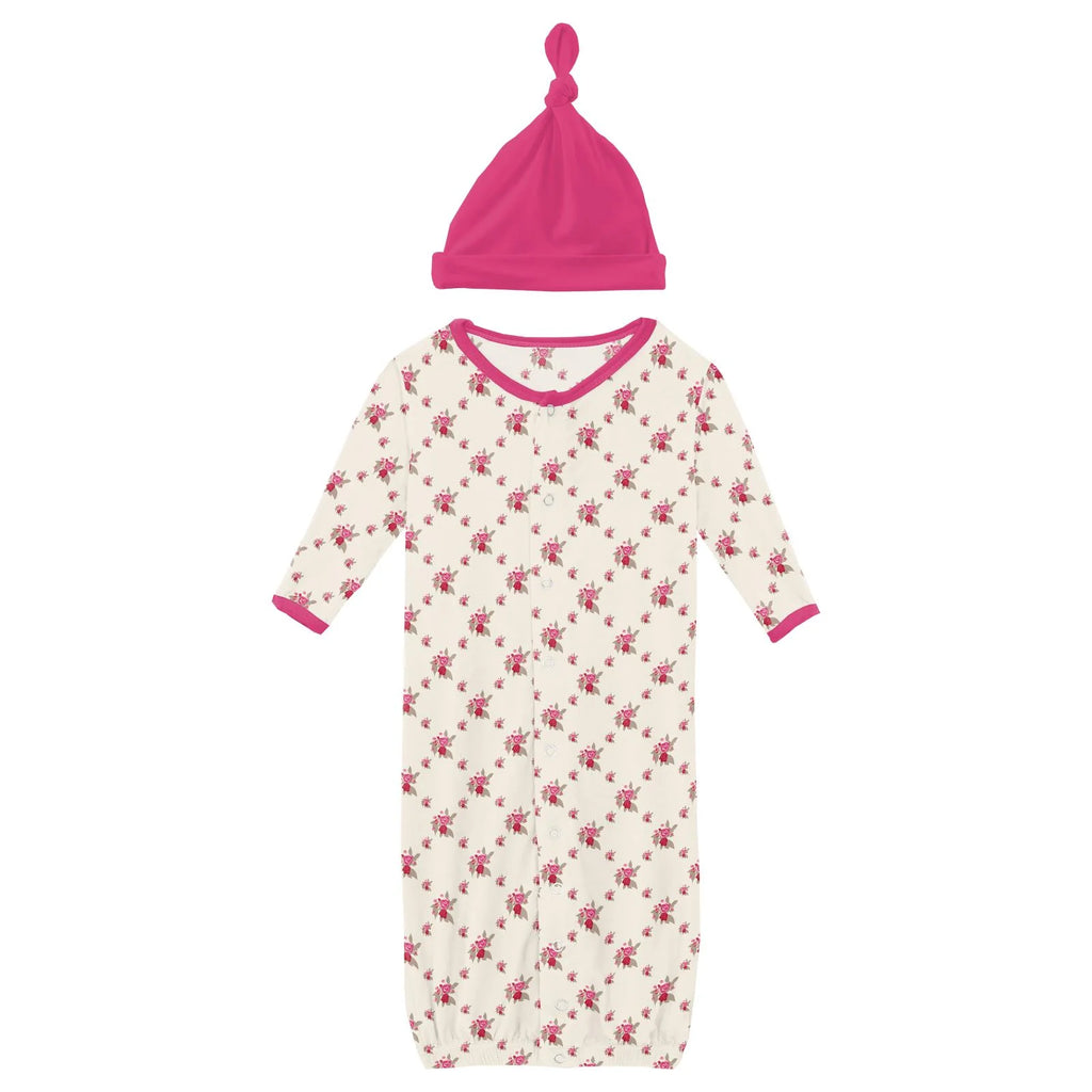 Kickee Pants Print Layette Gown Converter & Single Knot Hat Set in Natural Rose Trellis
