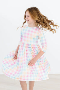 Mila and Rose Plaid Pastel Plaid 3/4 Sleeve Pocket Twirl Dress