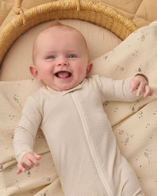 Quincy Mae Zip Long sleeve Sleeper Footie Oat Microstripe