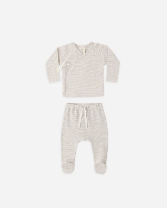 Quincy Mae Wrap Top and Footed Pant Set - Oat Micro Stripe