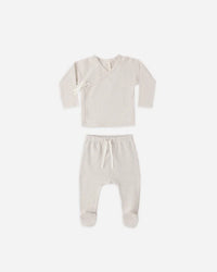 Quincy Mae Wrap Top and Footed Pant Set - Oat Micro Stripe