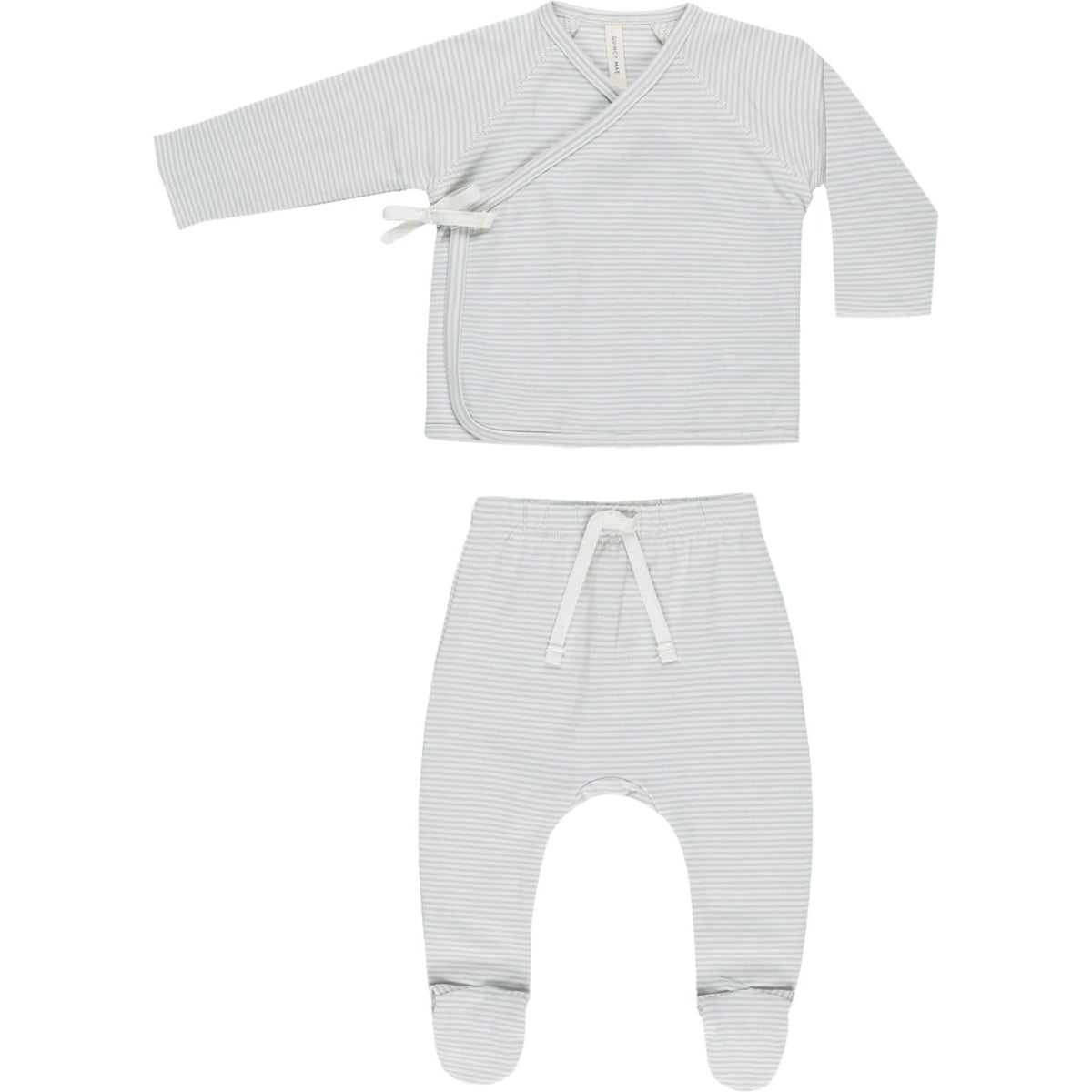 Quincy Mae Wrap Top + Footed Pant Set || Sky Micro Stripe