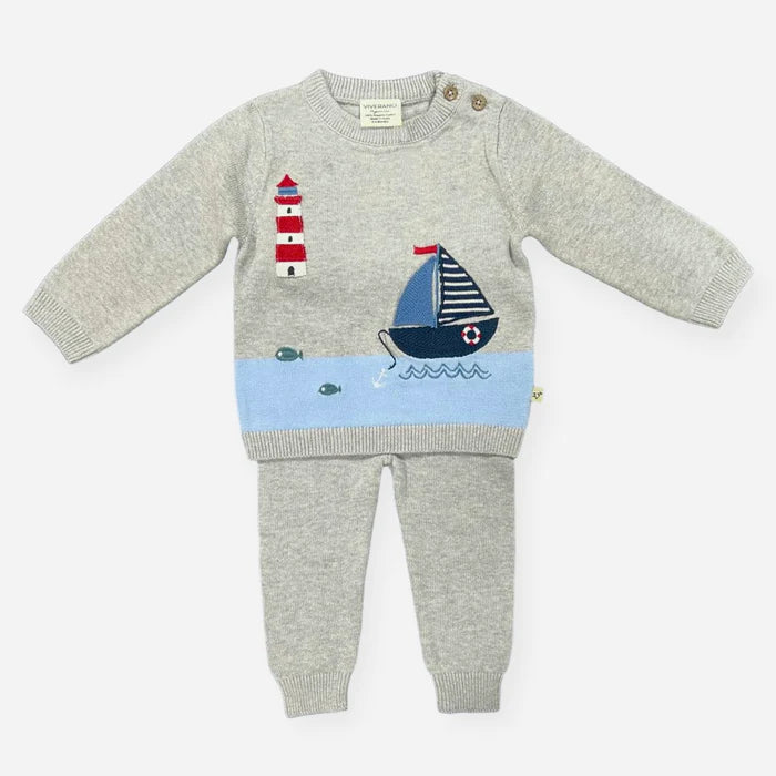 Viverano Organics Lighthouse & Boat Embroidered Baby Knit Pullover and Pants Set