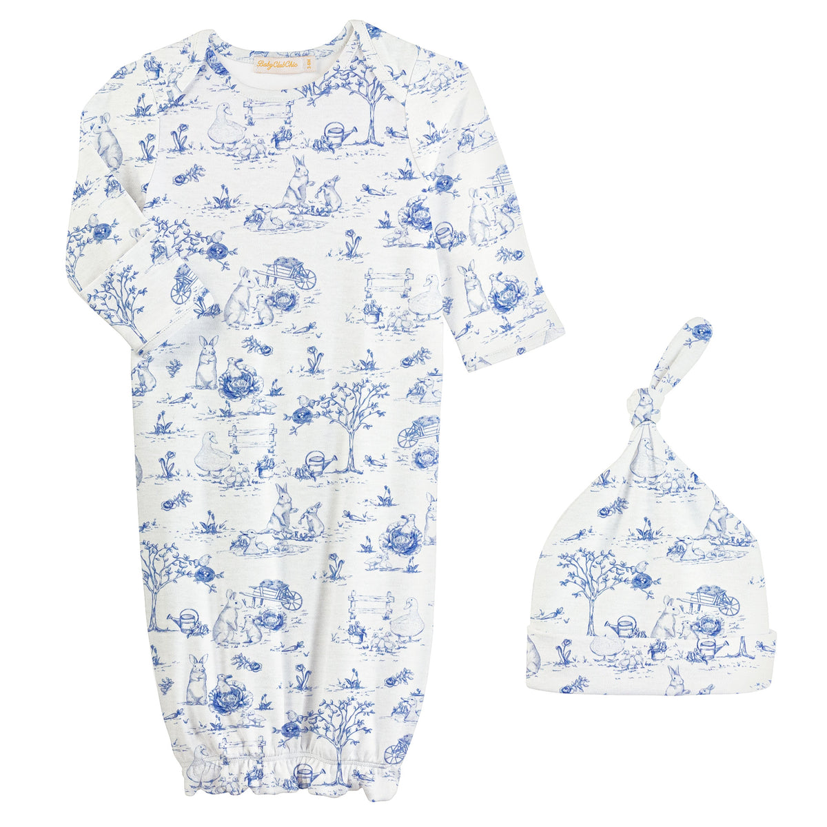 Baby Club Chic Blue Toile Bunnies Printed Gown and Hat Set