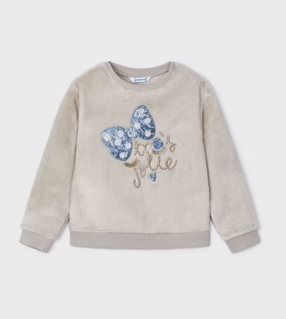 Mayoral Girls Faux Fur Stone Sweatshirt with Blue Sequin Bow