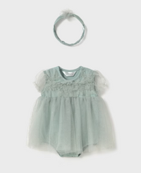 Mayoral Newborn Tulle Romper with Headband- Jade