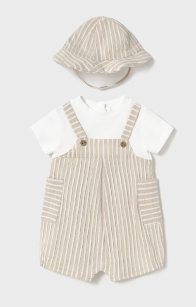 Mayoral Newborn Striped Simulated Dungaree Romper with Hat- Root