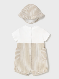 Mayoral Newborn Striped Simulated Dungaree Romper with Hat- Root