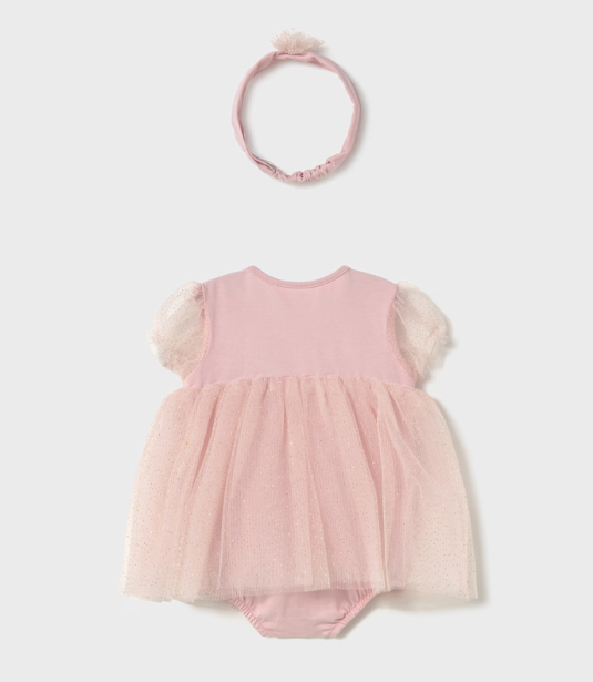 Mayoral Newborn Tulle Romper with Headband- Baby Pink