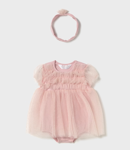 Mayoral Newborn Tulle Romper with Headband- Baby Pink