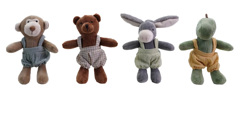 Creative Co-op Plush Animal in Cotton Overalls, 4 Styles