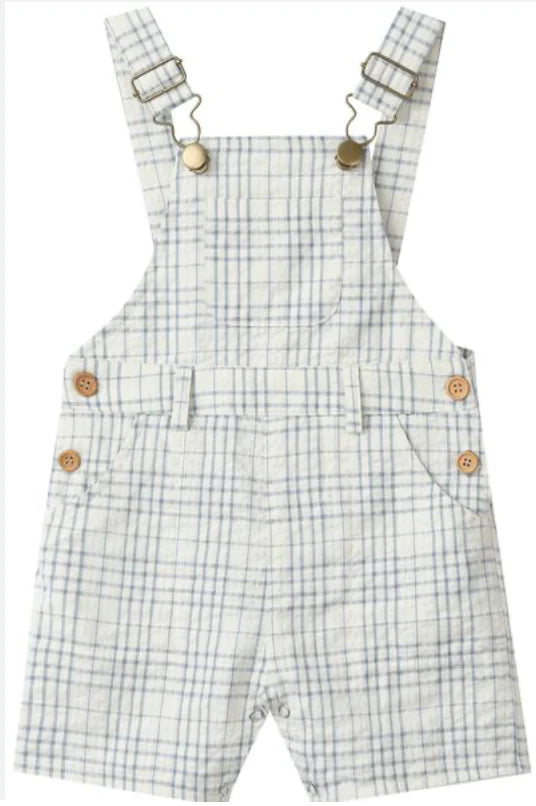 Me and Henry Galleon Chambray cream and plaid woven overalls