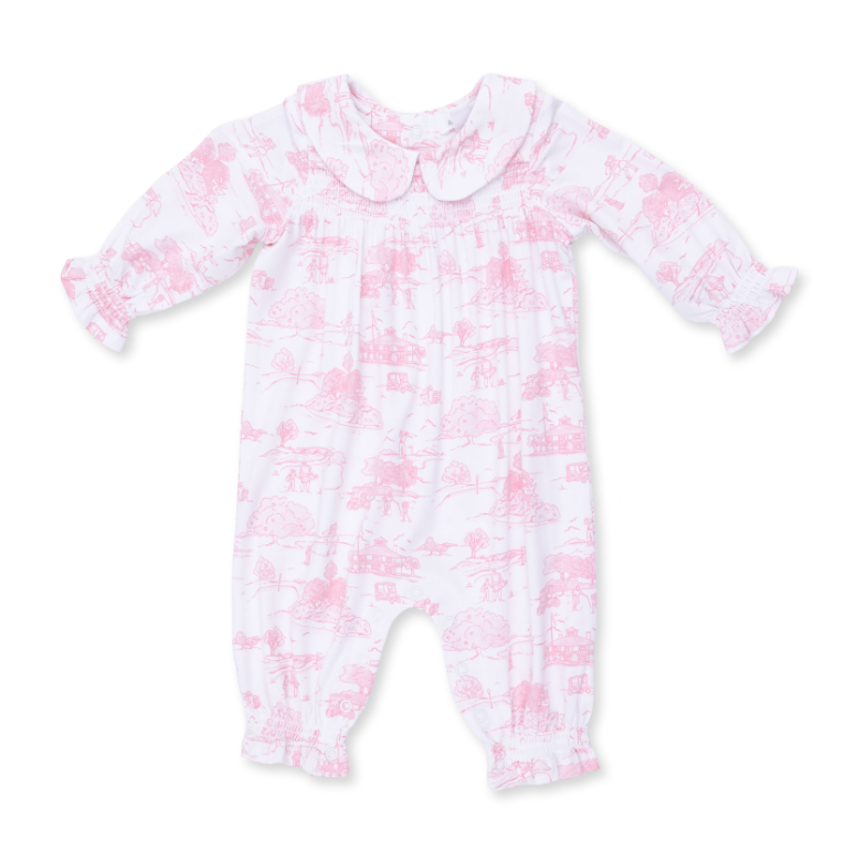 Angel Dear Golf Toile Pink - Smocked Long Sleeve Romper