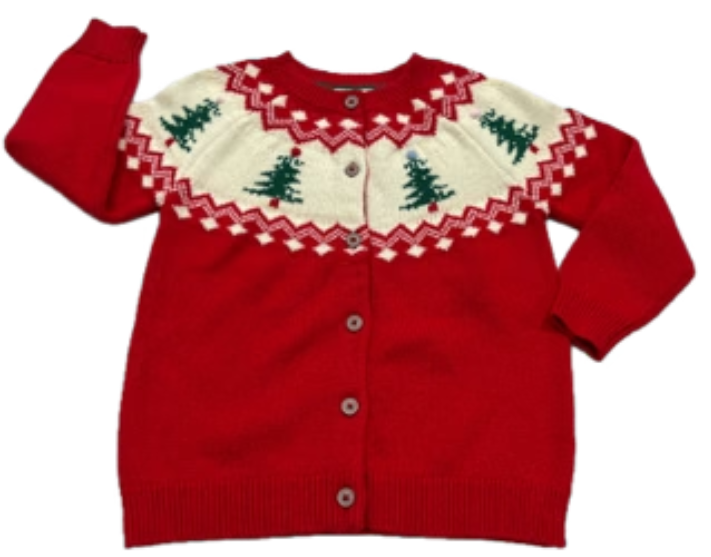 LuLu BeBe Girls Red Cardigan Sweater - Fair Isle Christmas Trees