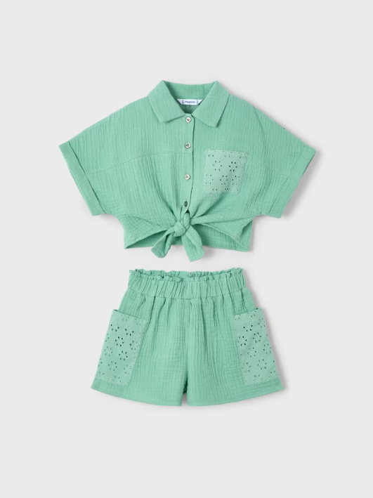 Mayoral Girl Eyelet Shorts and Blouse Set- Mint