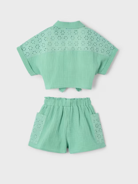 Mayoral Girl Eyelet Shorts and Blouse Set- Mint