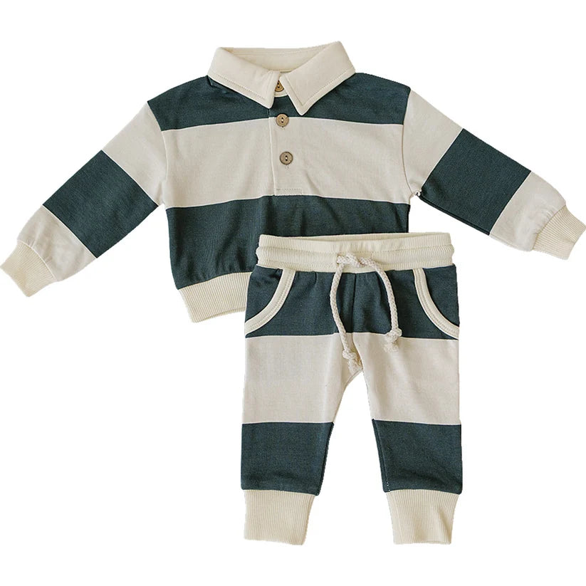Mebie Baby Green Stripe Collared French Terry Set